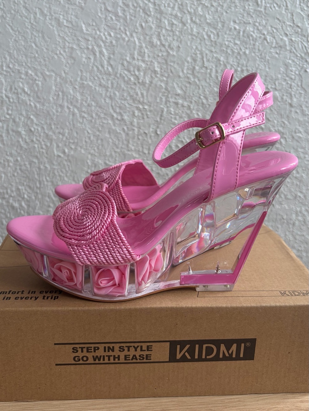 Kidmi Pink Floral Clear Platform Wedge Sandals